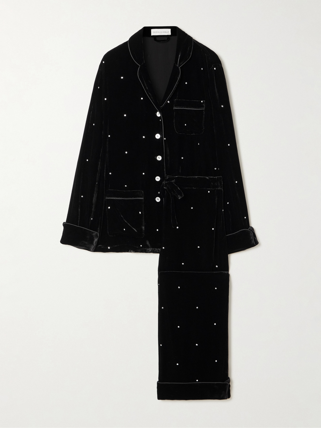 Olivia Von Halle Coco Crystal-embellished Velvet Pajama Set In Black