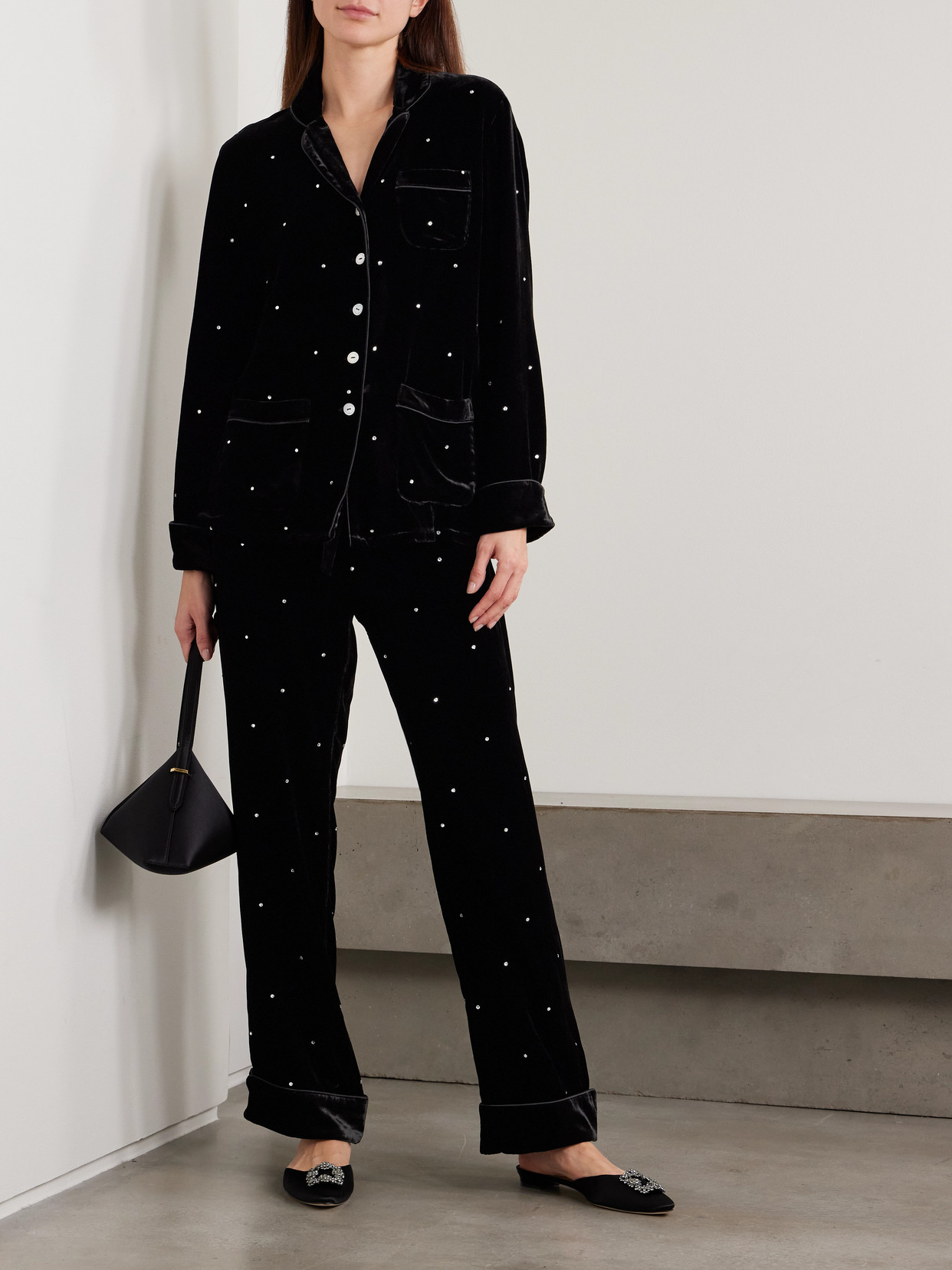 Olivia Von Halle Coco Crystal-embellished Velvet Pajama Set In Black