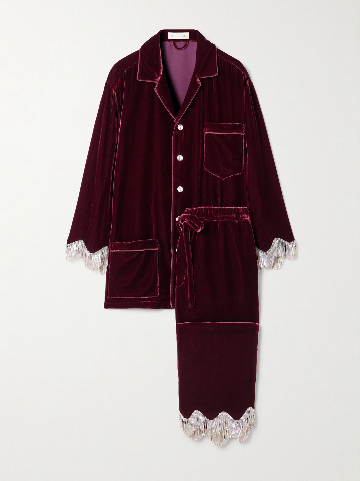 Olivia Von Halle Fifi Fringed Crystal-embellished Velvet Pajama Set In Burgundy