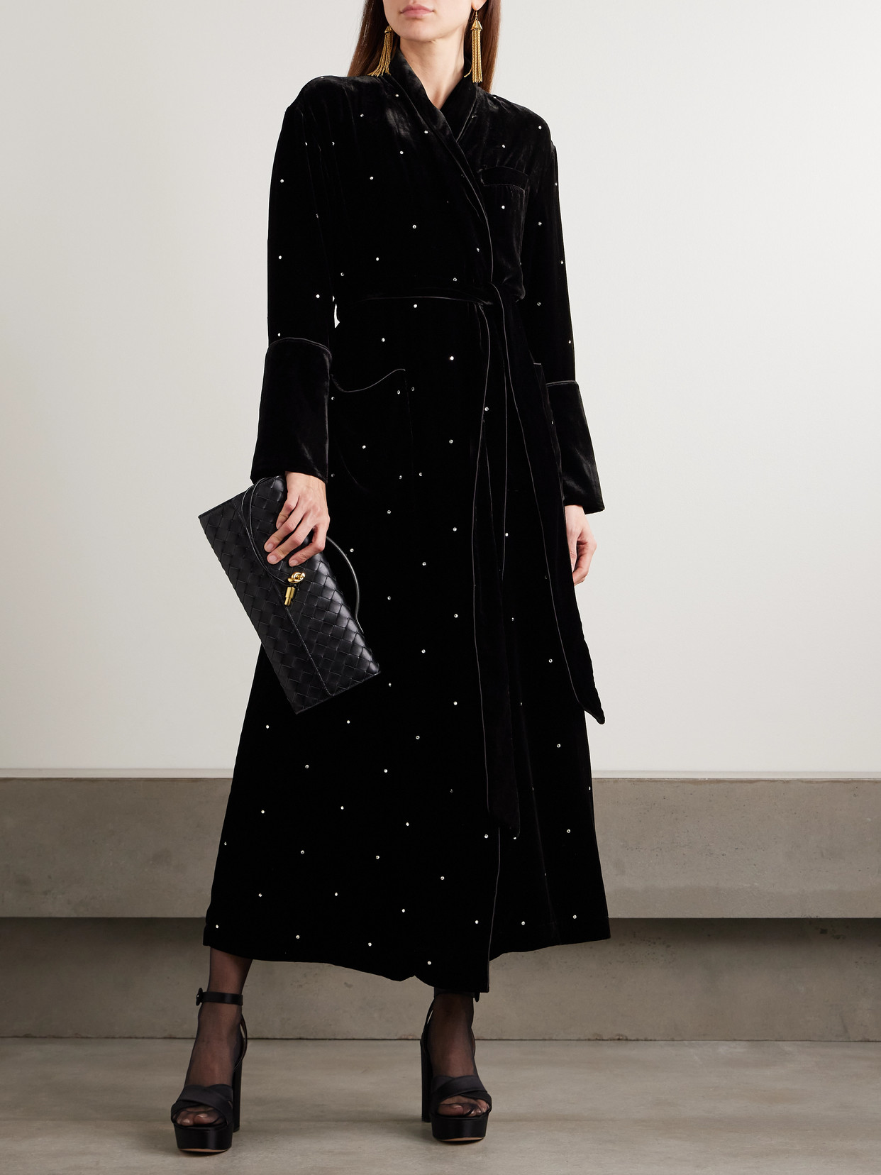 Olivia Von Halle Capability Crystal-embellished Belted Velvet Robe In Black