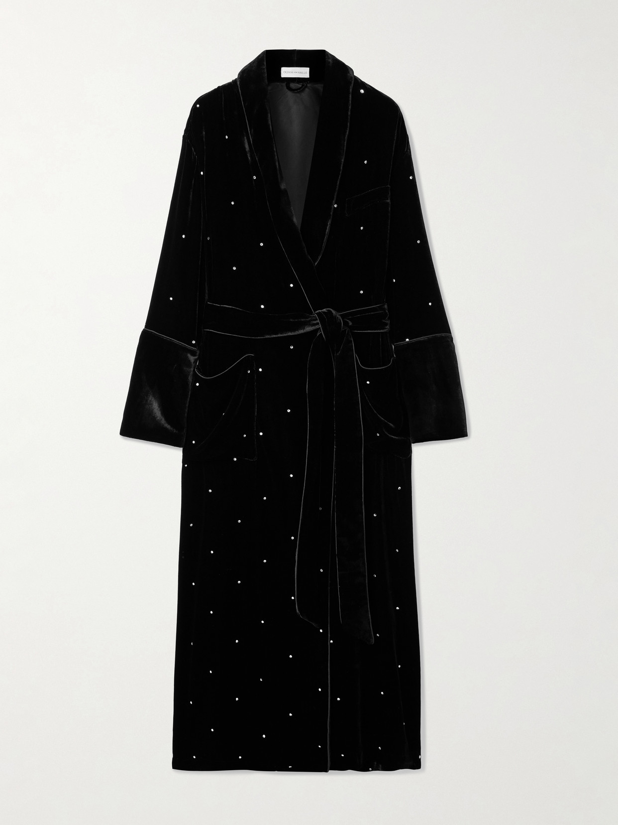 Olivia Von Halle Capability Crystal-embellished Belted Velvet Robe In Black