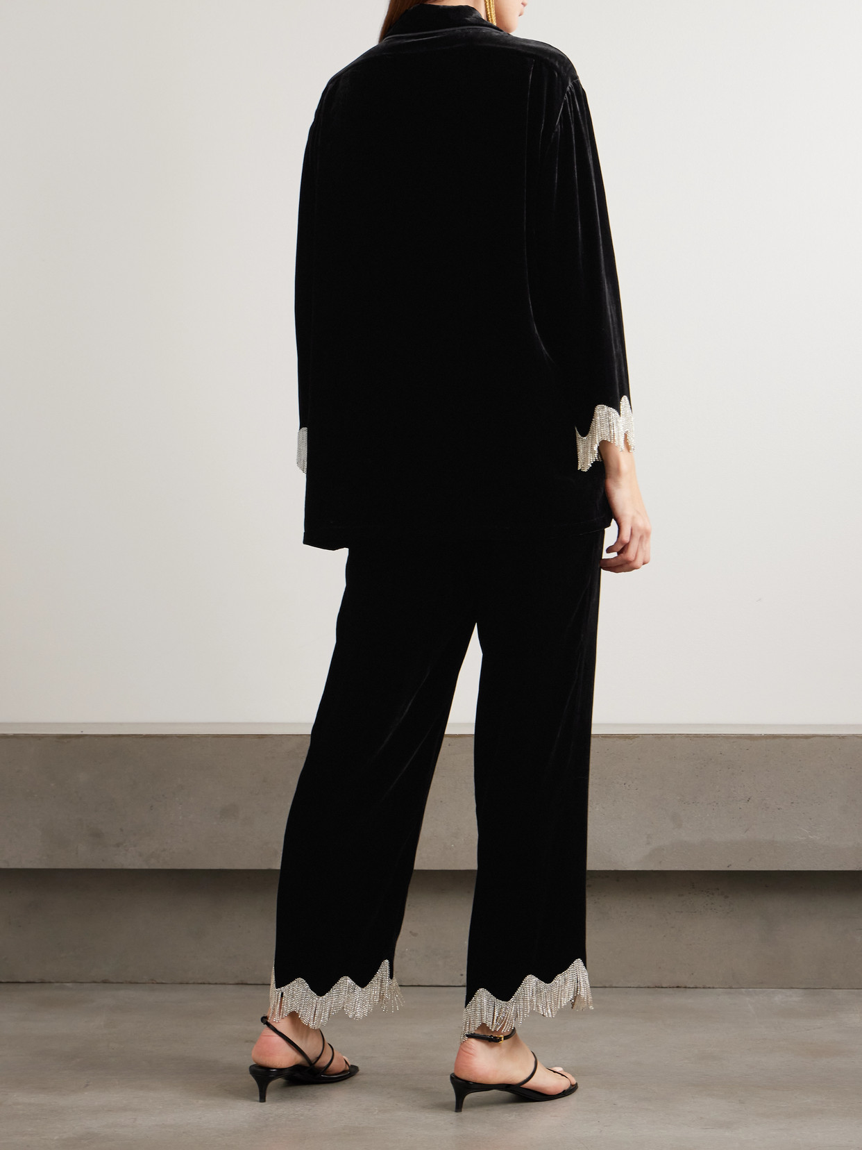 Olivia Von Halle Fifi Fringed Crystal-embellished Velvet Pajama Set In Black