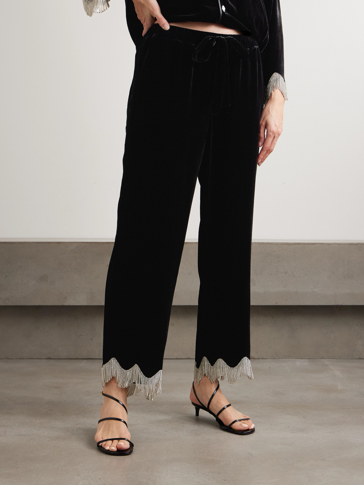 Olivia Von Halle Fifi Fringed Crystal-embellished Velvet Pajama Set In Black