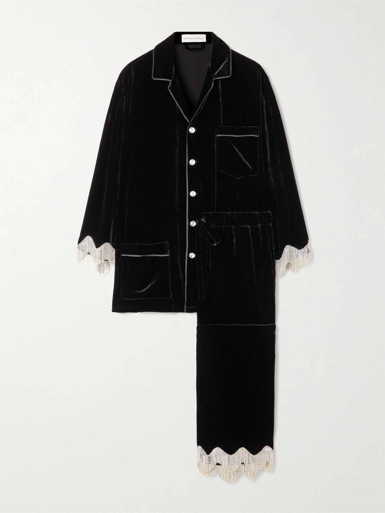 Olivia Von Halle Fifi Fringed Crystal-embellished Velvet Pajama Set In Black
