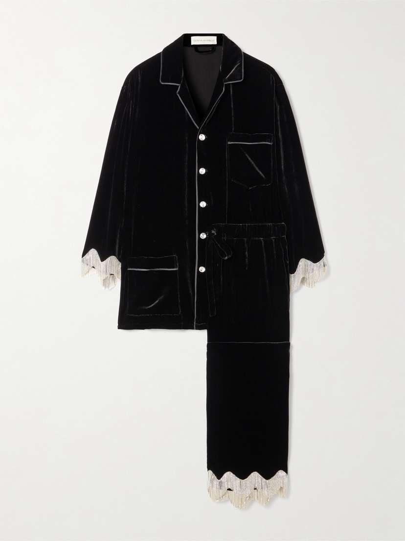 Olivia von Halle Fifi Fringed Crystal-embellished Velvet Pajama Set