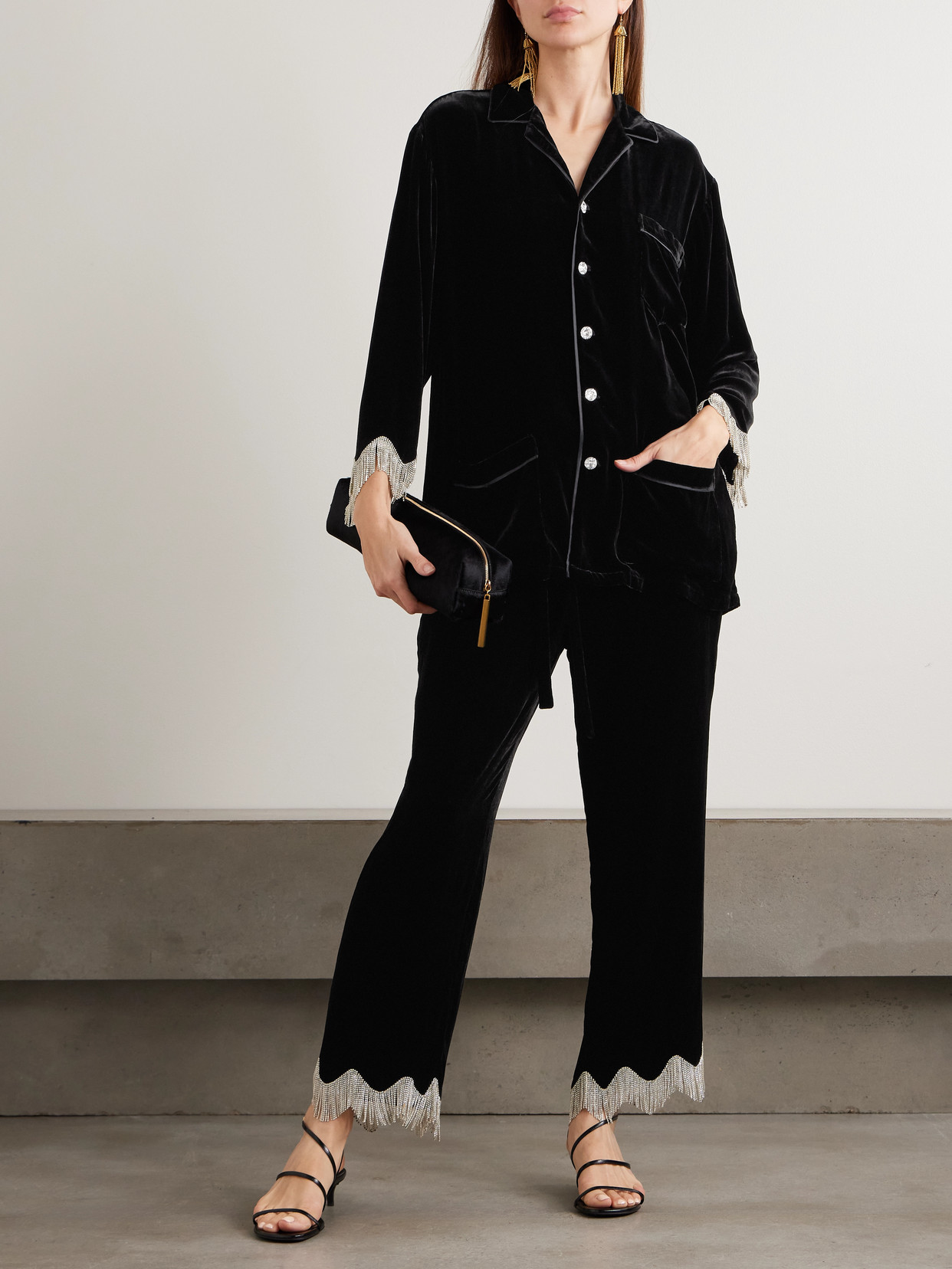 Olivia Von Halle Fifi Fringed Crystal-embellished Velvet Pajama Set In Black