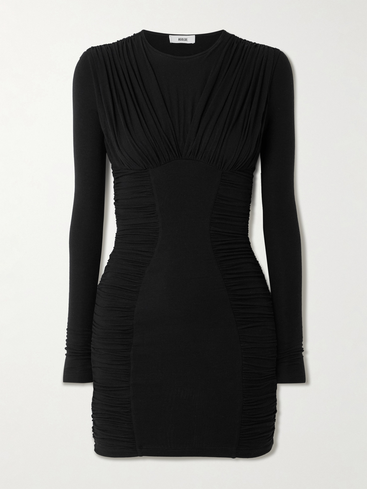 Agolde Abbi Ruched Stretch-lyocell Mini Dress In Black