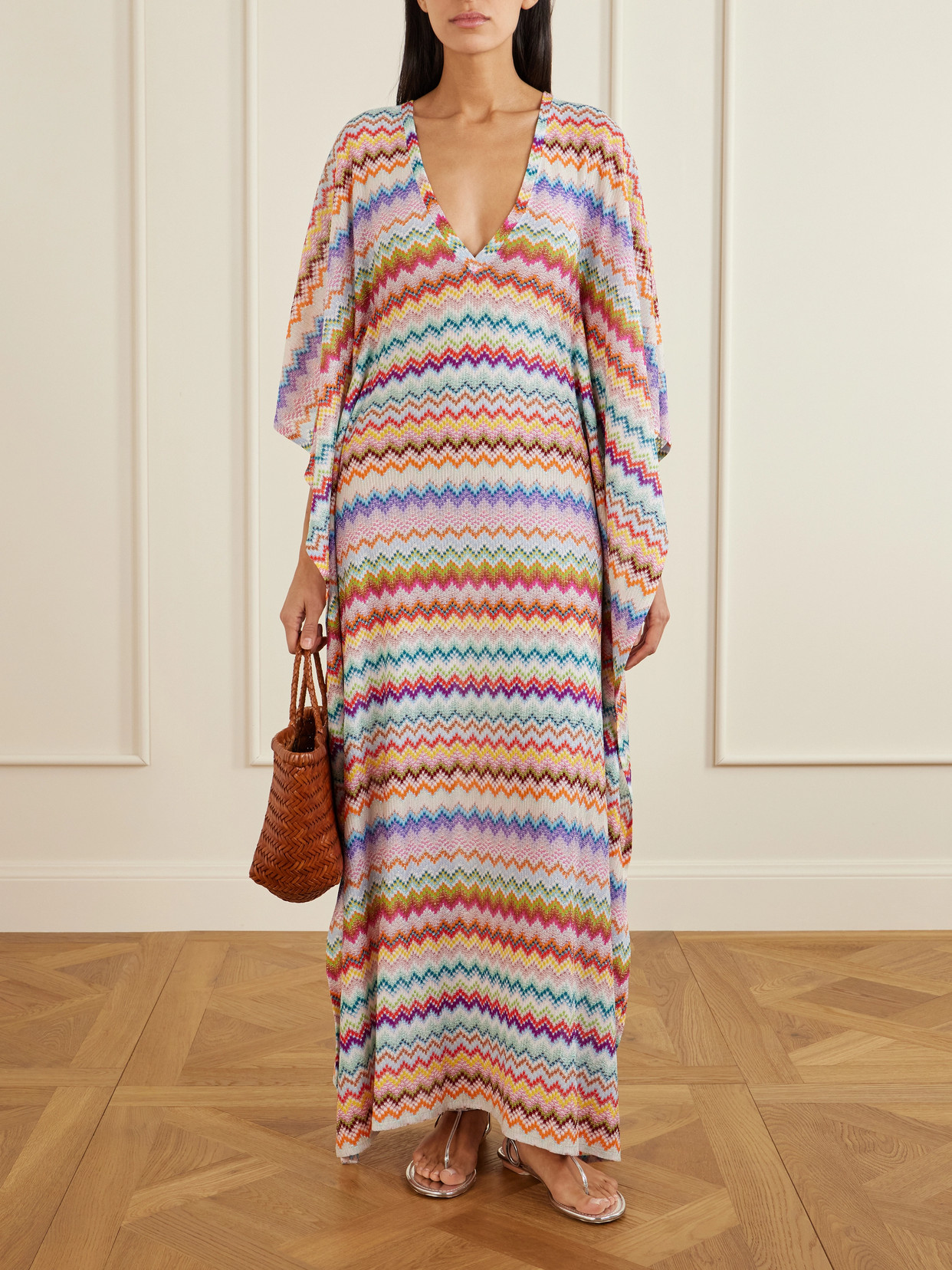 Missoni Striped Metallic Crochet-knit Kaftan In Orange