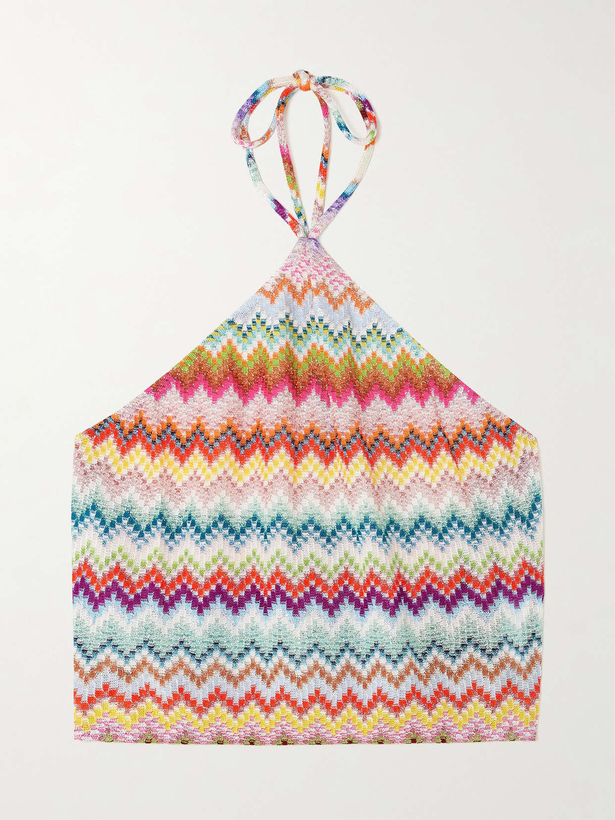 Missoni Mare Cropped Striped Metallic Crochet-knit Halterneck Top In Multi