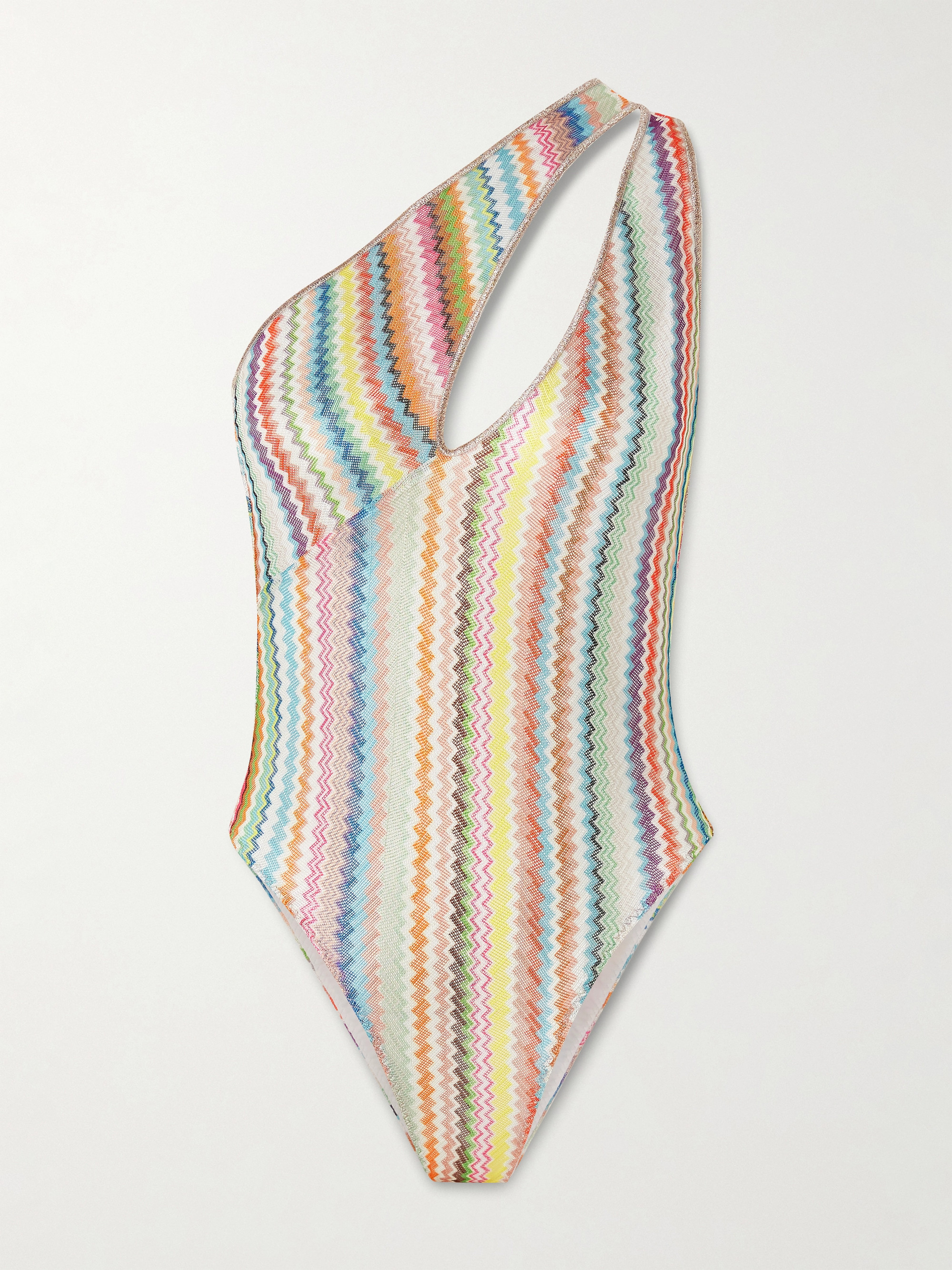 Missoni Mare one-shoulder cutout metallic-trimmed striped crochet-knit swimsuit