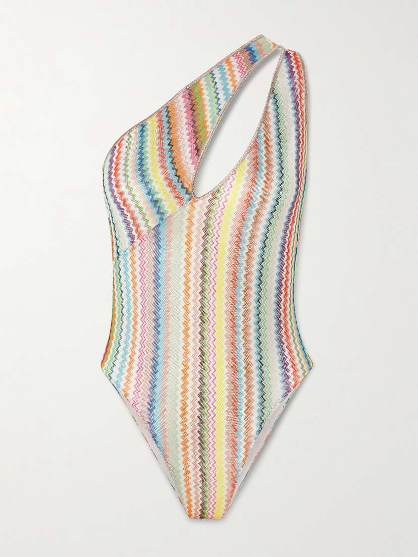 Missoni Mare One-shoulder Cutout Metallic-trimmed Striped Crochet-knit Swimsuit