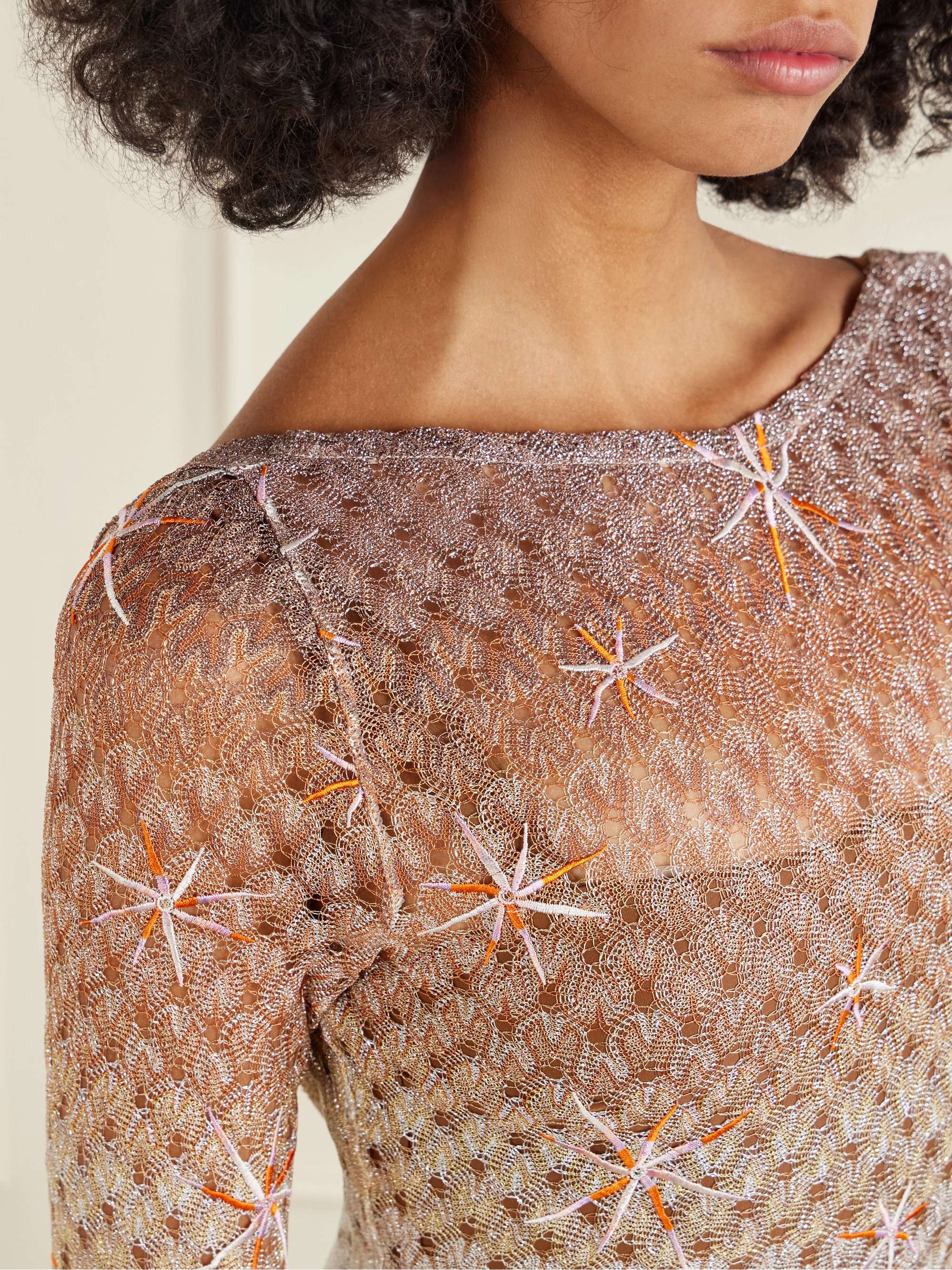 MISSONI Open-back dégradé embroidered metallic crochet-knit maxi