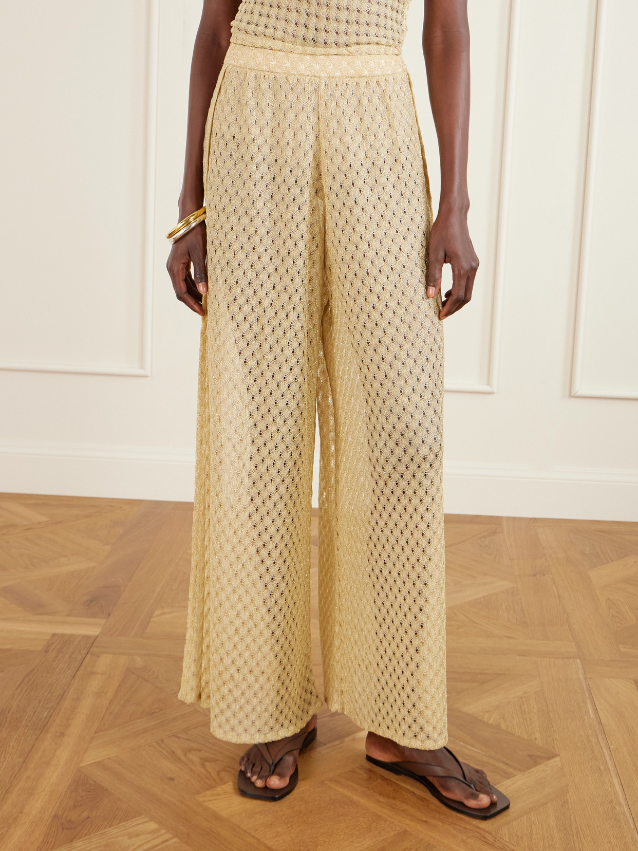 Missoni Mare Metallic Crochet-knit Wide-leg Pants In Gold