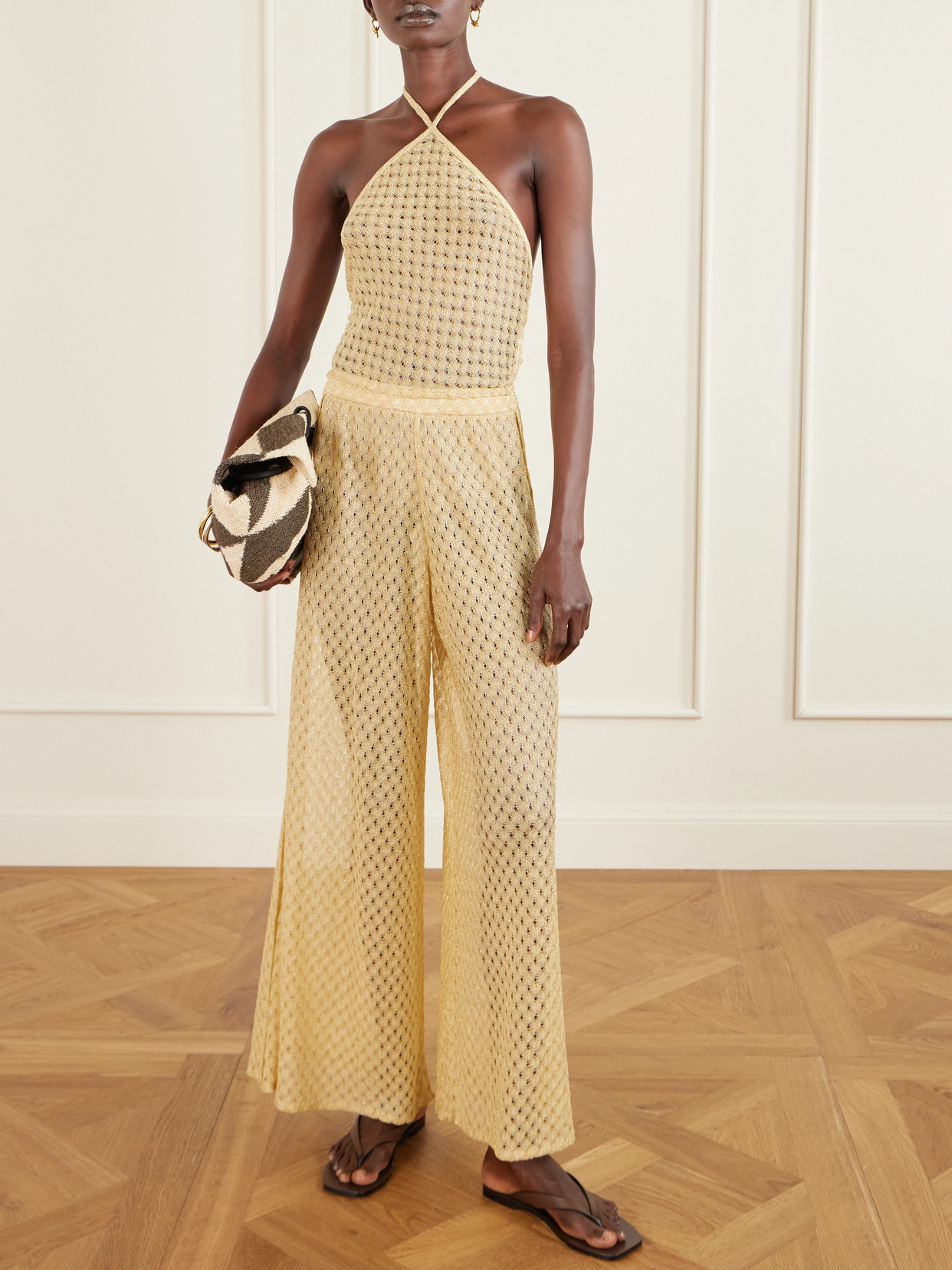 Missoni Mare Metallic Crochet-knit Wide-leg Pants In Gold