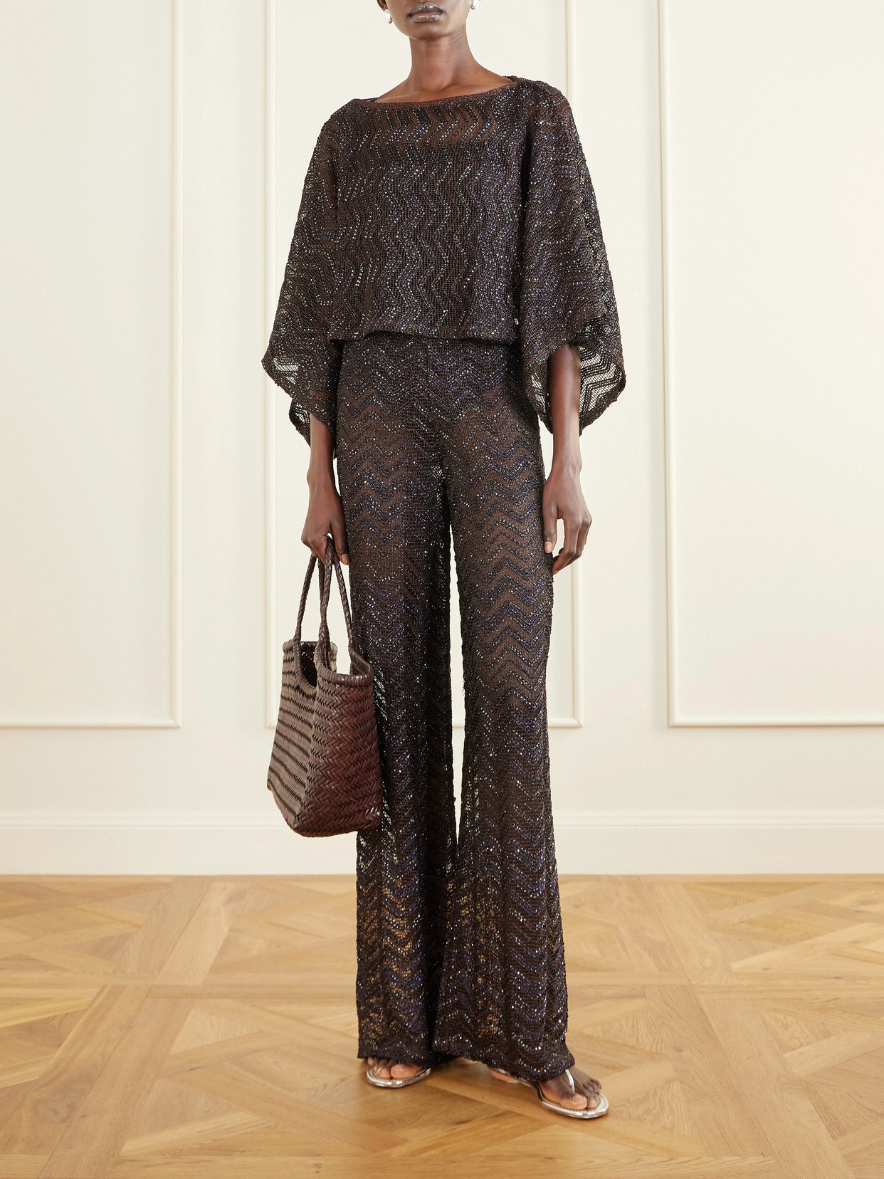 Missoni Sequin-embellished Crochet-knit Wide-leg Pants In Brown