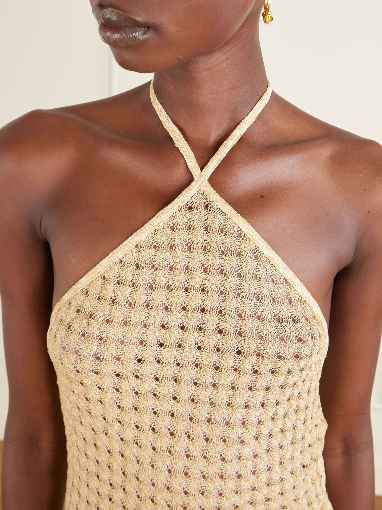 Missoni Mare Cropped Metallic Crochet-knit Halterneck Top In Gold