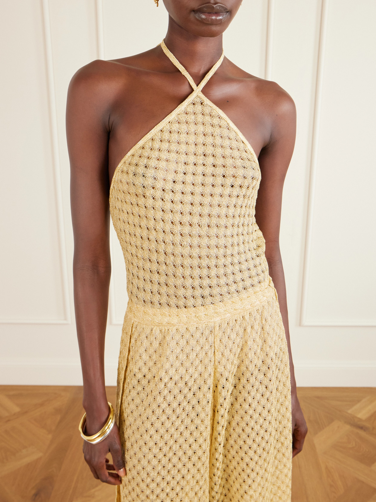 Missoni Mare Cropped Metallic Crochet-knit Halterneck Top In Gold