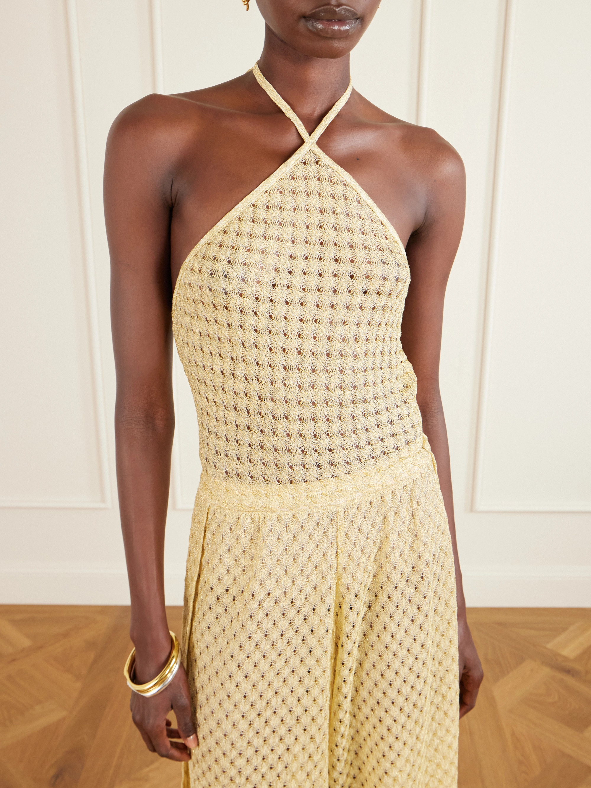 Missoni Mare cropped metallic crochet-knit halterneck top