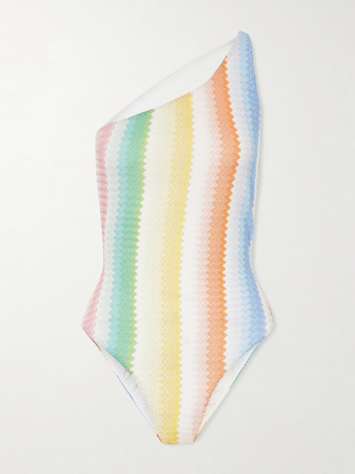 Missoni Mare One-shoulder Striped Metallic Crochet-knit Swimsuit In Multi