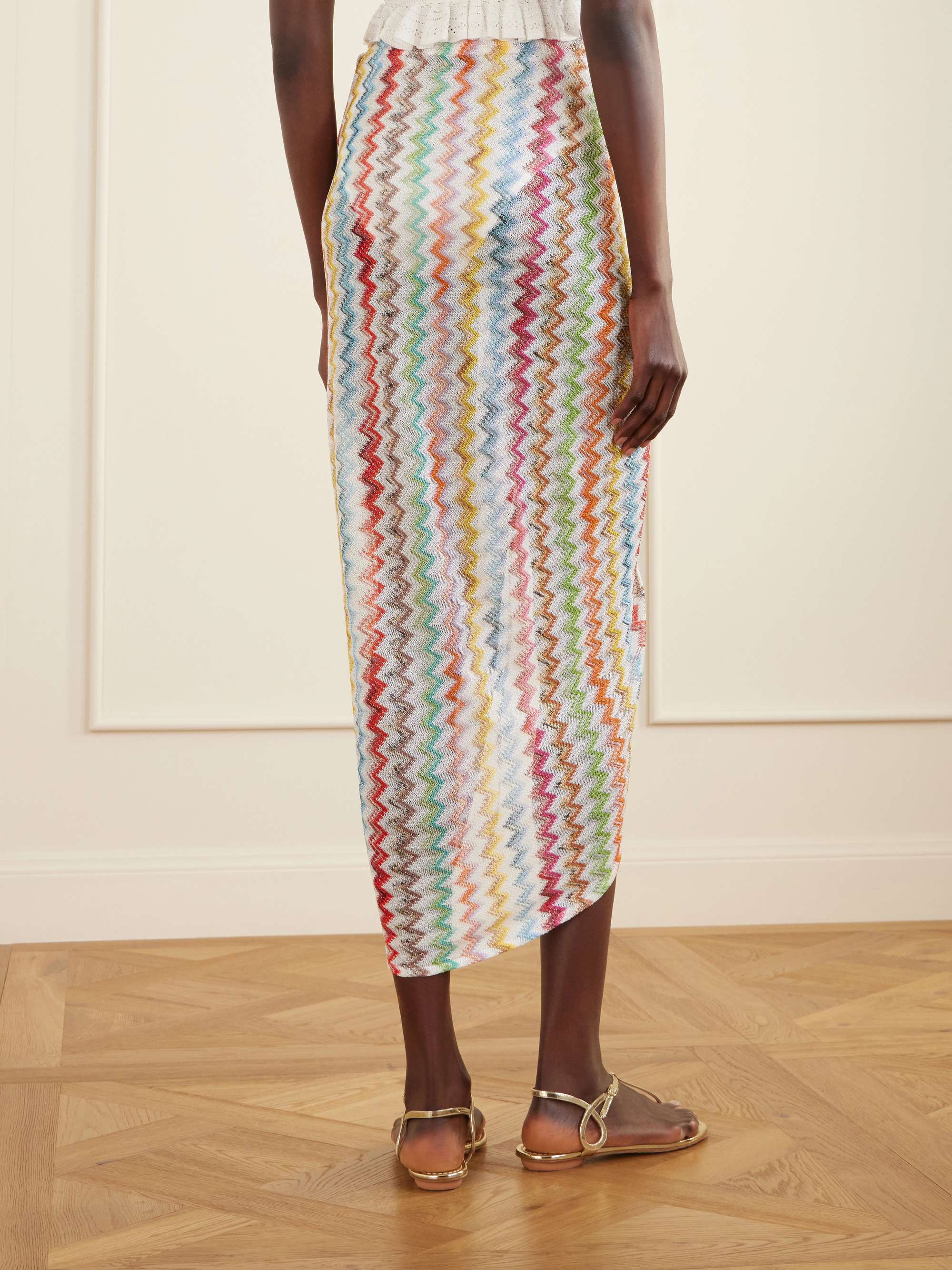 MISSONI Gathered striped metallic crochet-knit midi skirt | NET-A
