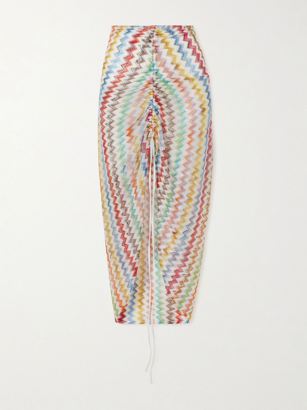 gathered striped metallic crochet knit midi skirt