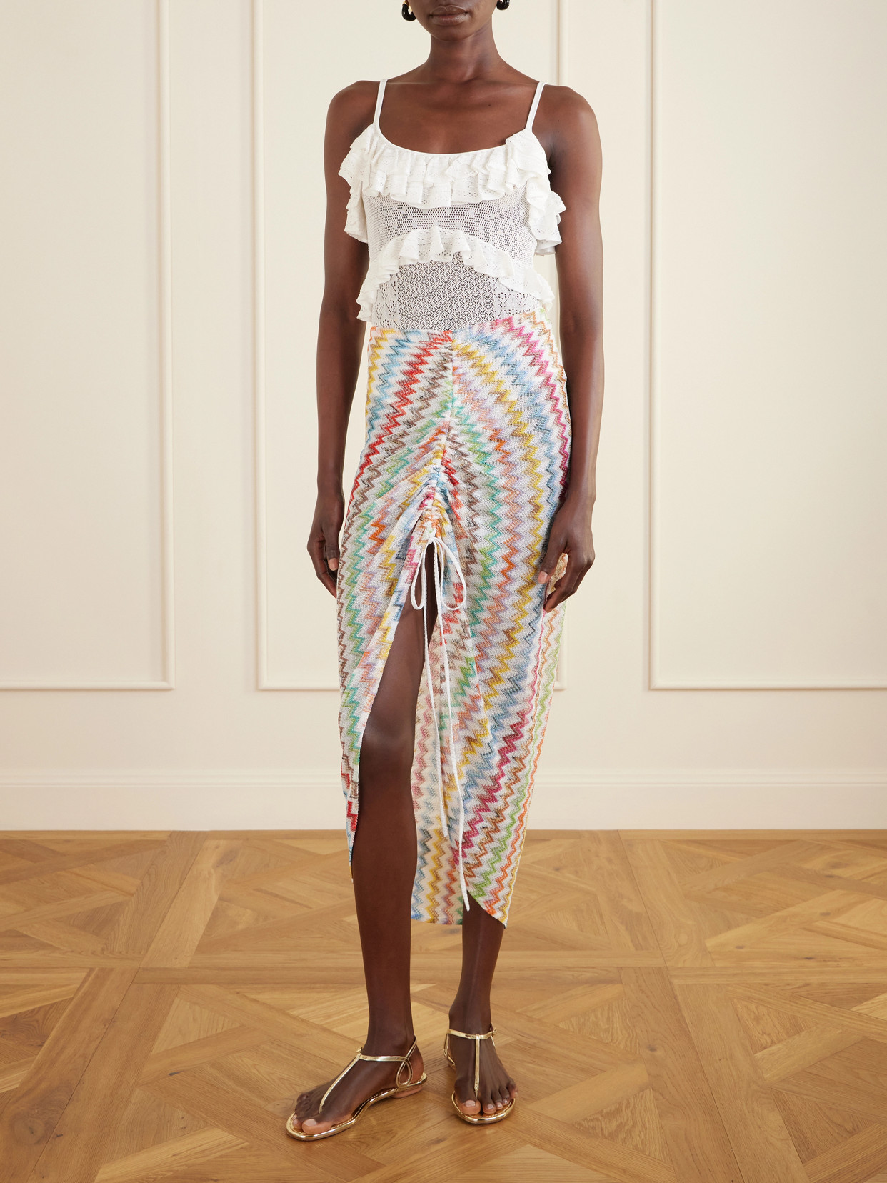 Missoni Gathered Striped Metallic Crochet-knit Midi Skirt In Blue