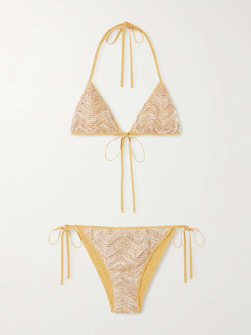 Missoni Mare Sequin-embellished Striped Metallic Crochet-knit Triangle Bikini