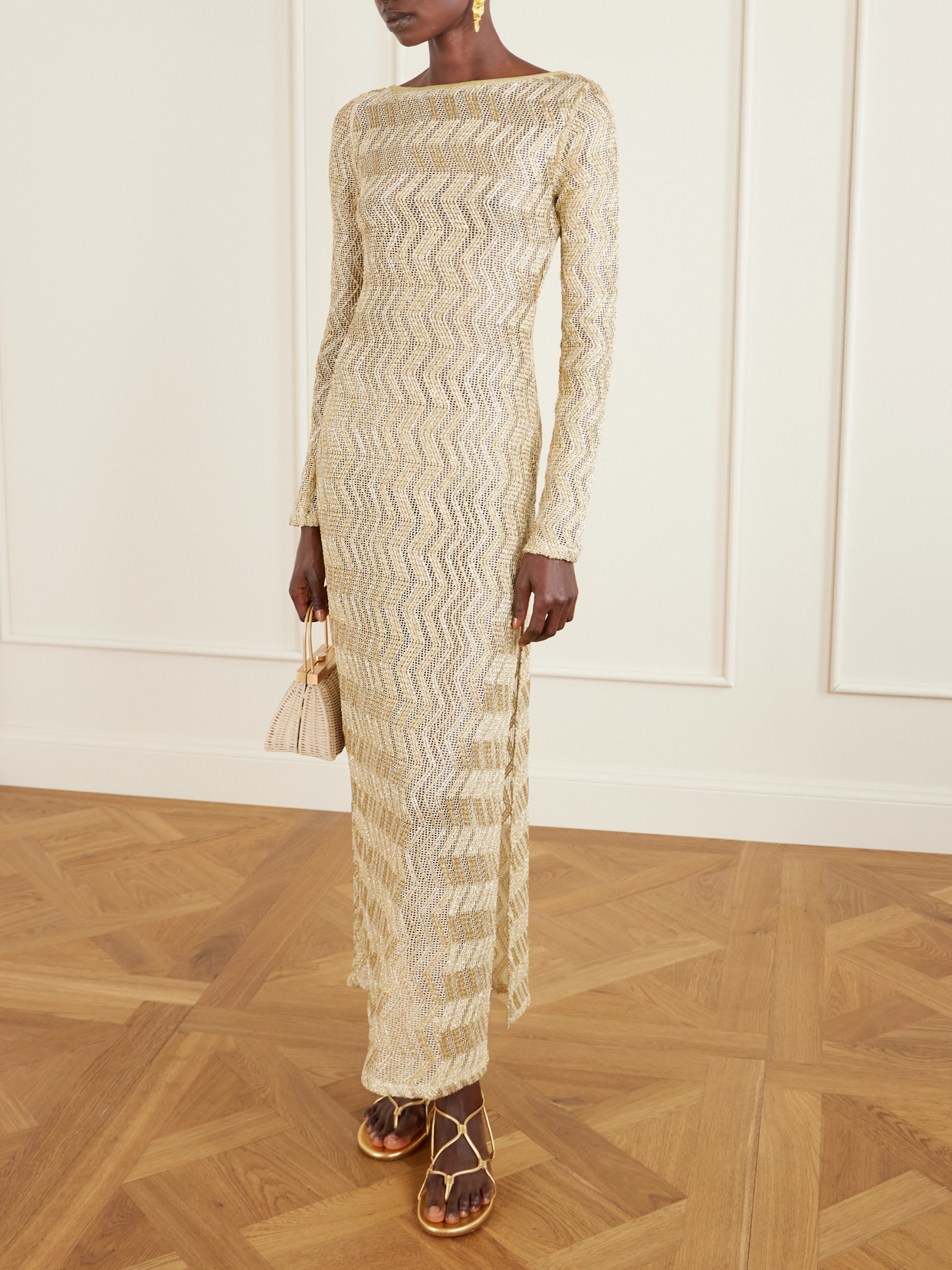 Missoni Mare Open-back Metallic Crochet-knit Maxi Dress In Brown