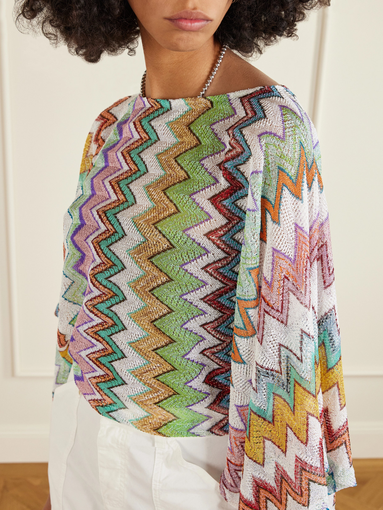 Striped Metallic Crochet-Knit Blouse
