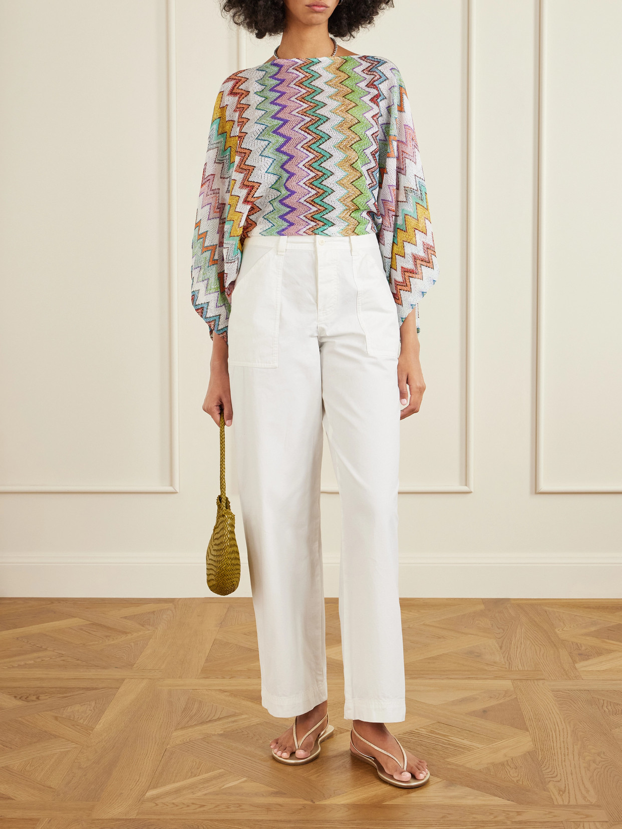 Striped Metallic Crochet-Knit Blouse