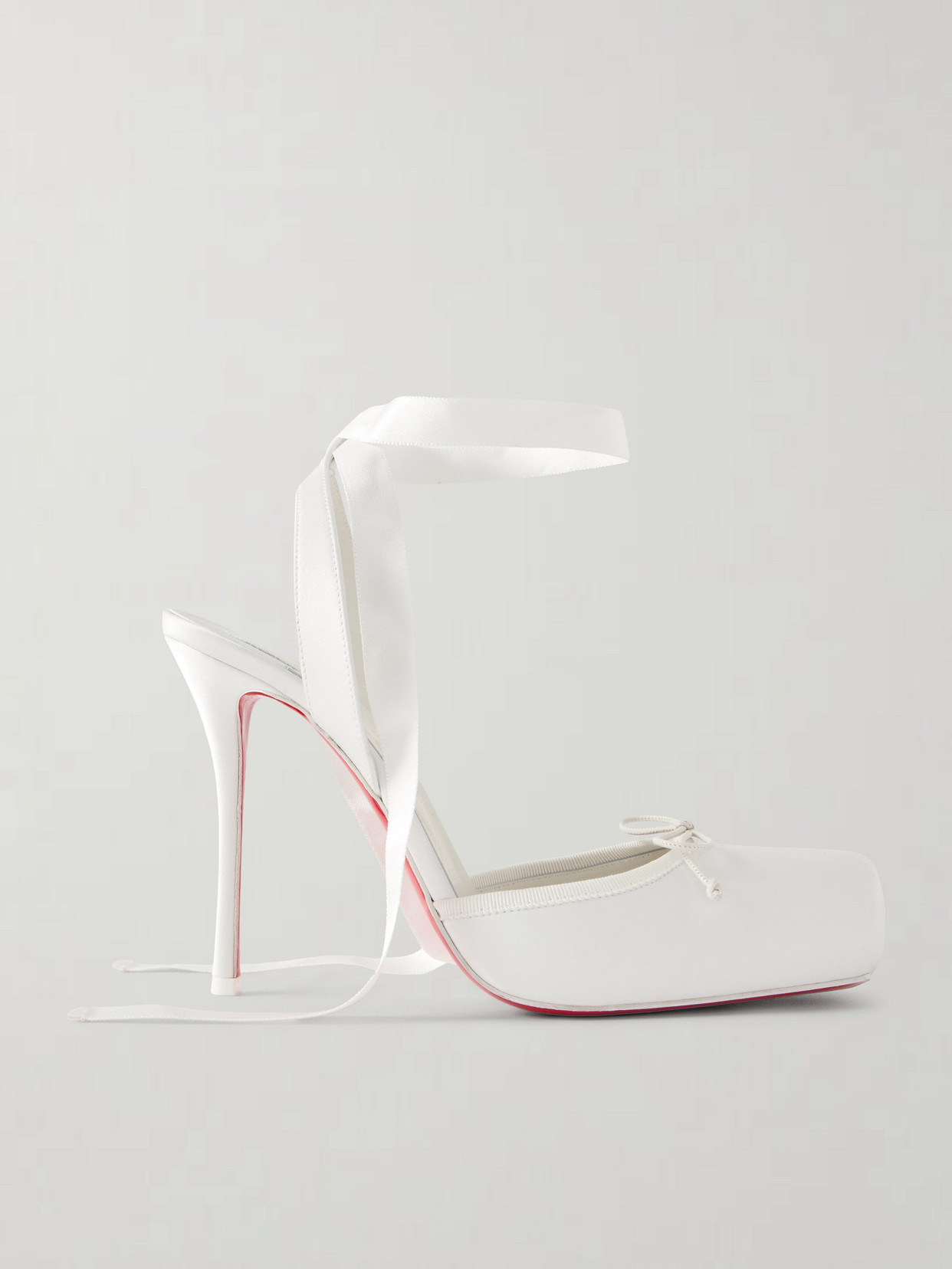 Christian Louboutin Cassia Lace Up 100mm Crepe Satin Squared Toe Ballerina Pump In White