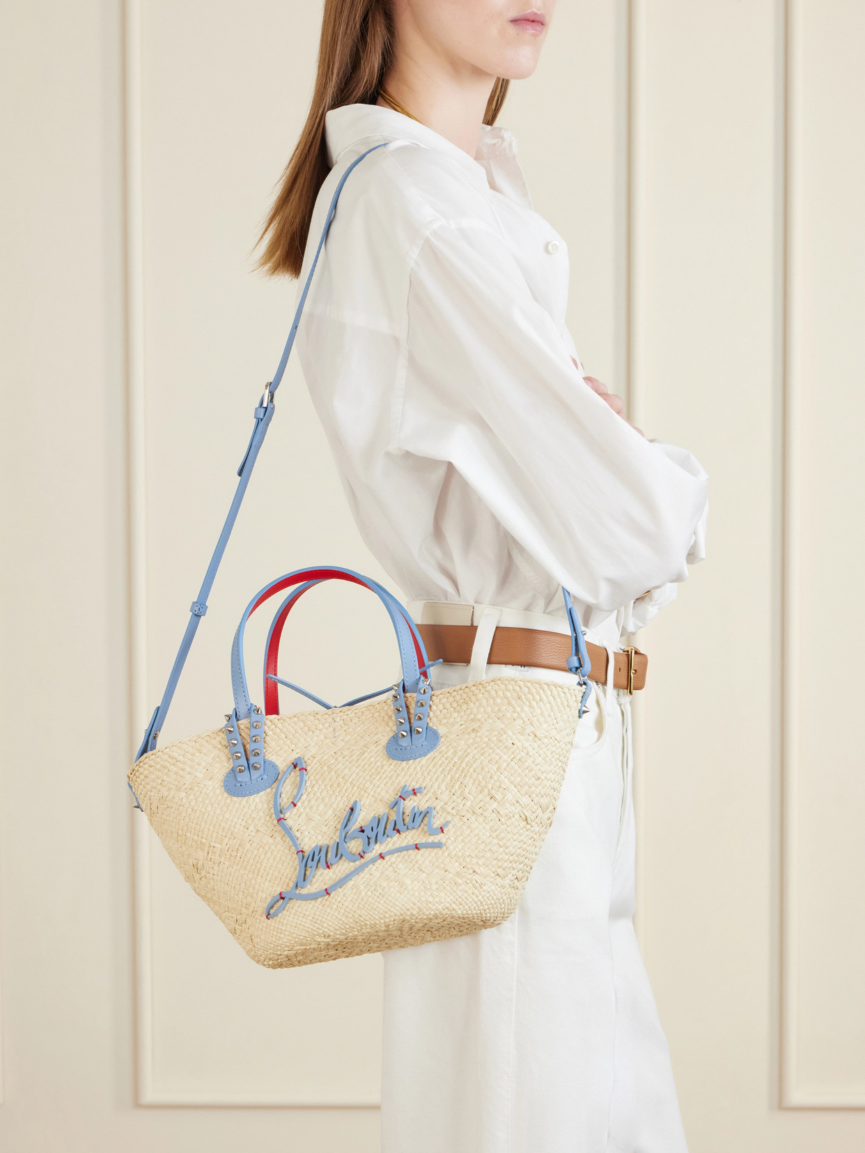 Cabata Appliquéd Studded Leather-Trimmed Raffia Tote