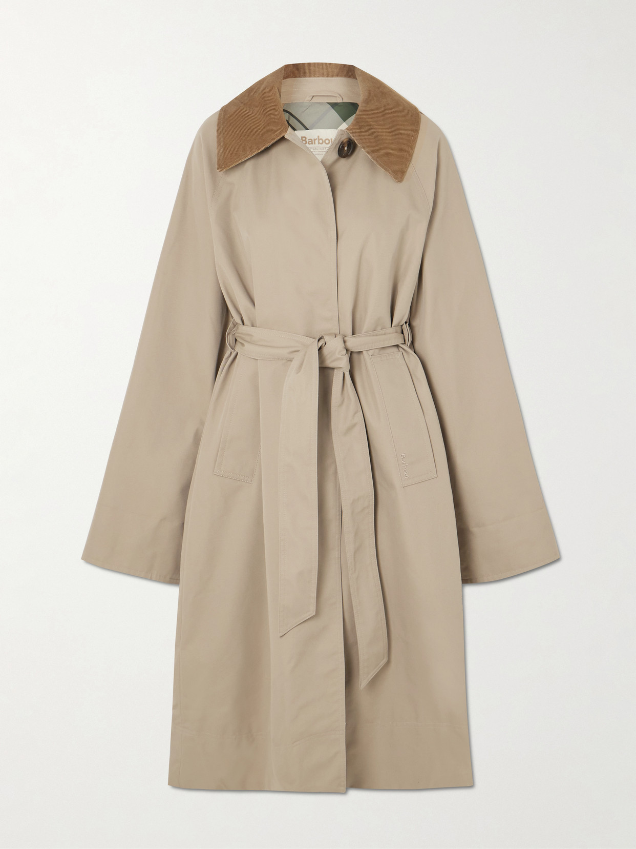 Barbour Reagan Belted Corduroy-trimmed Cotton-blend Twill Trench Coat In Neutral