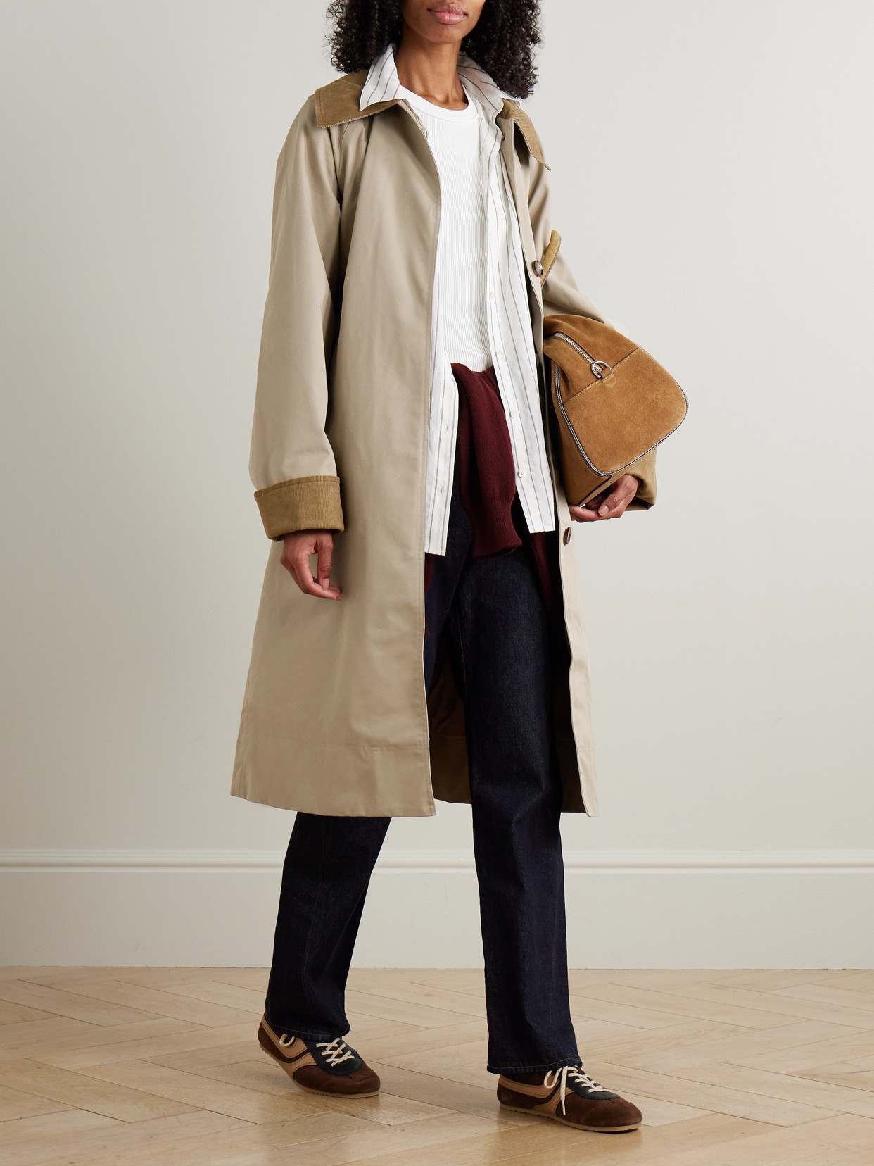 Reagan Belted Corduroy-Trimmed Cotton-Blend Twill Trench Coat