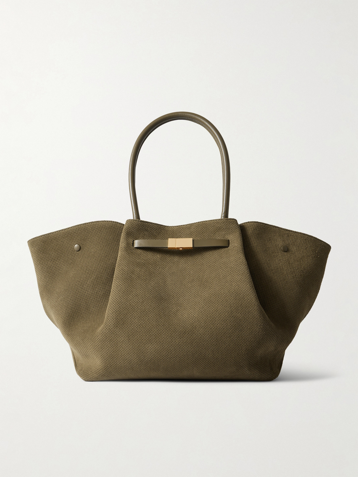 Demellier New York Large Leather-trimmed Perforated Suede Tote In Green