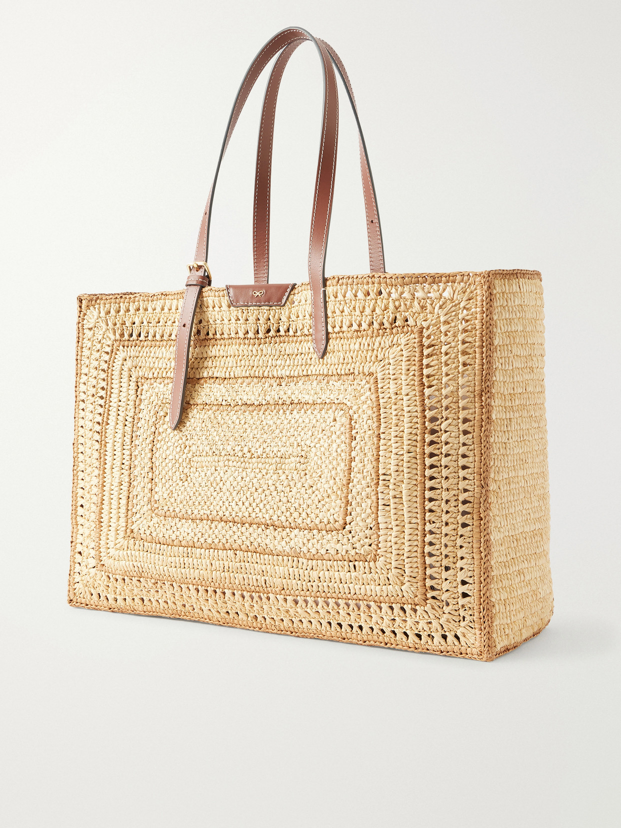 Bow Leather-Trimmed Raffia Tote