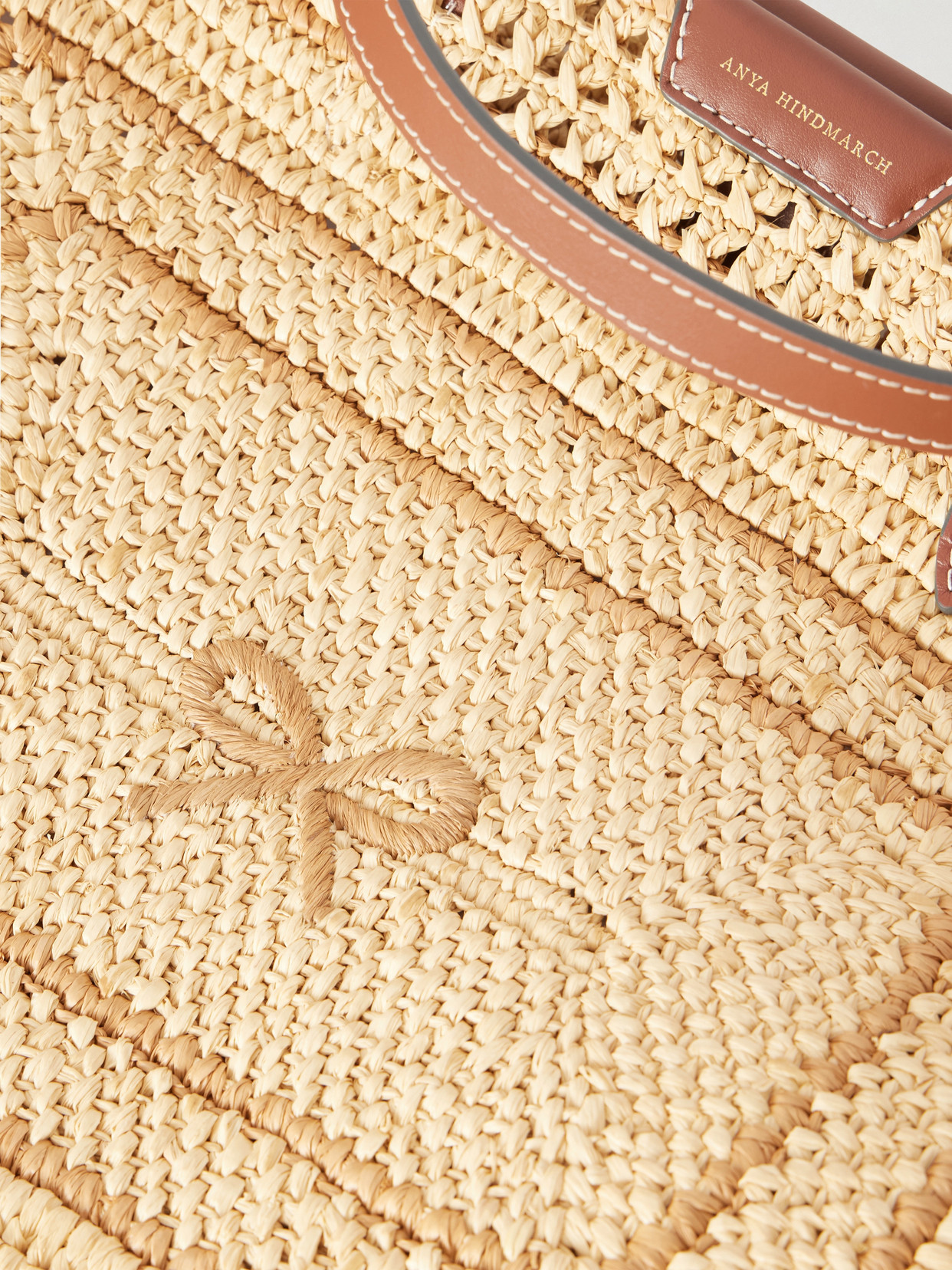 Bow Leather-Trimmed Raffia Tote