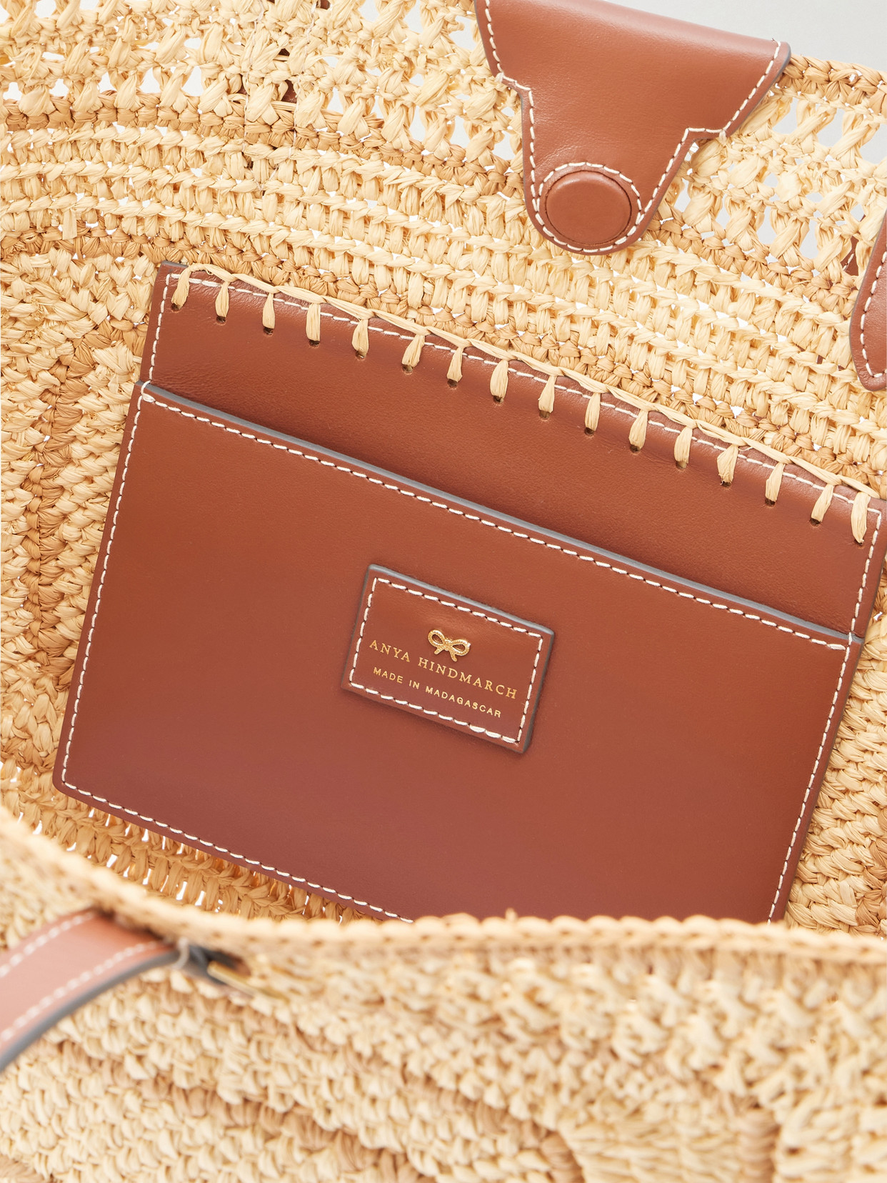 Bow Leather-Trimmed Raffia Tote