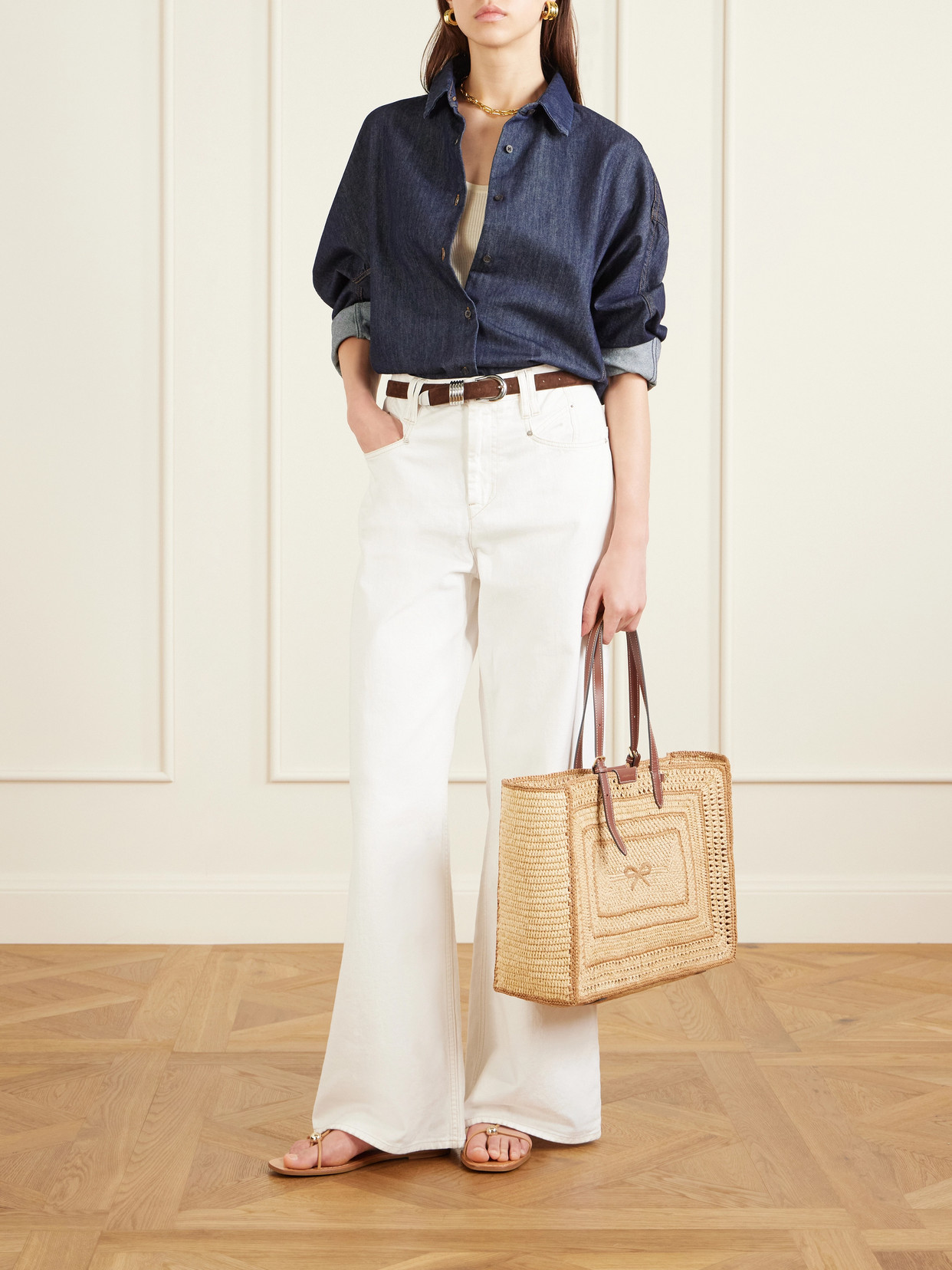 Bow Leather-Trimmed Raffia Tote