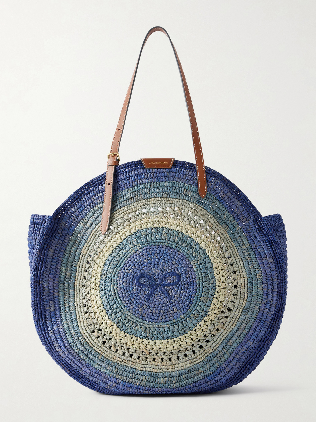 Anya Hindmarch Bow Leather-trimmed Embroidered Raffia Tote In Blue