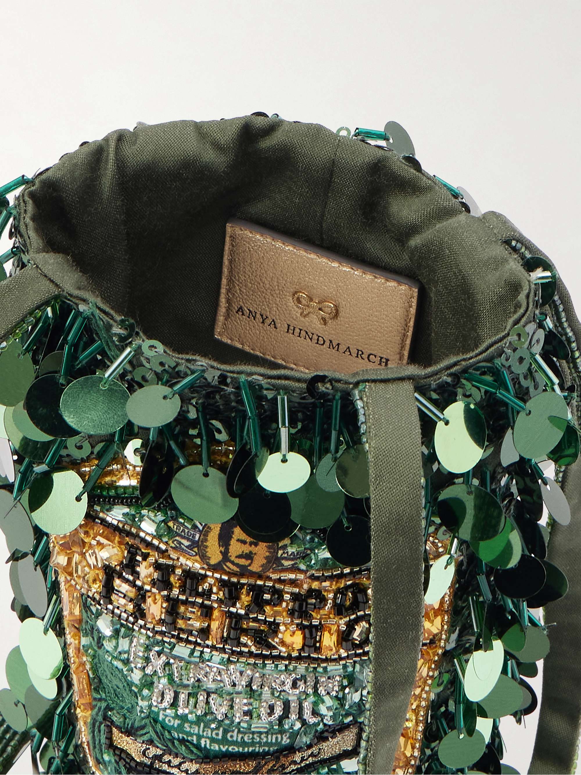 ANYA HINDMARCH Filippo Berio mini embellished satin bucket bag
