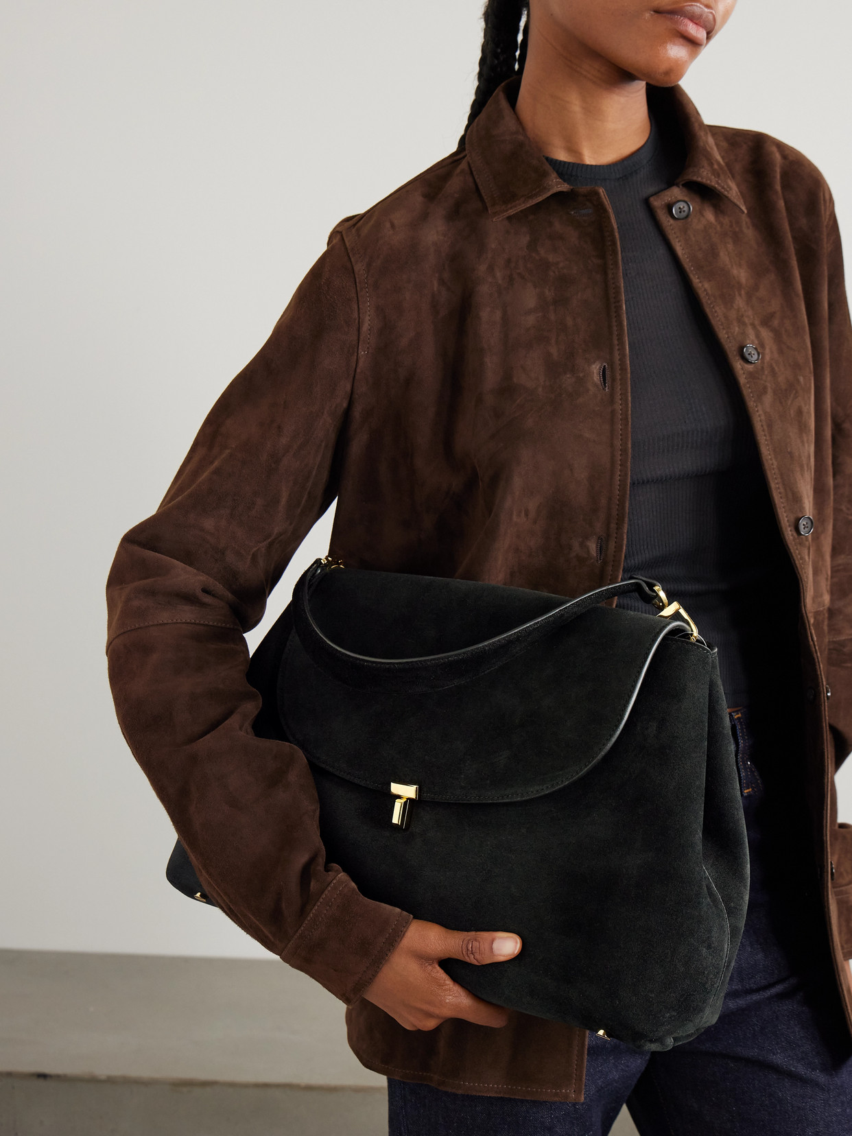 Totême T-lock Suede Shoulder Bag In Black