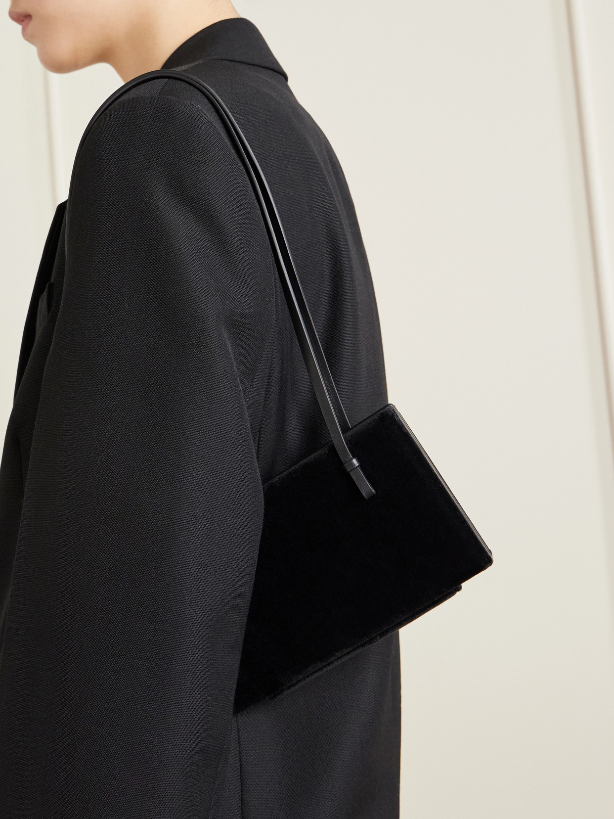 Leather-Trimmed Velvet Shoulder Bag