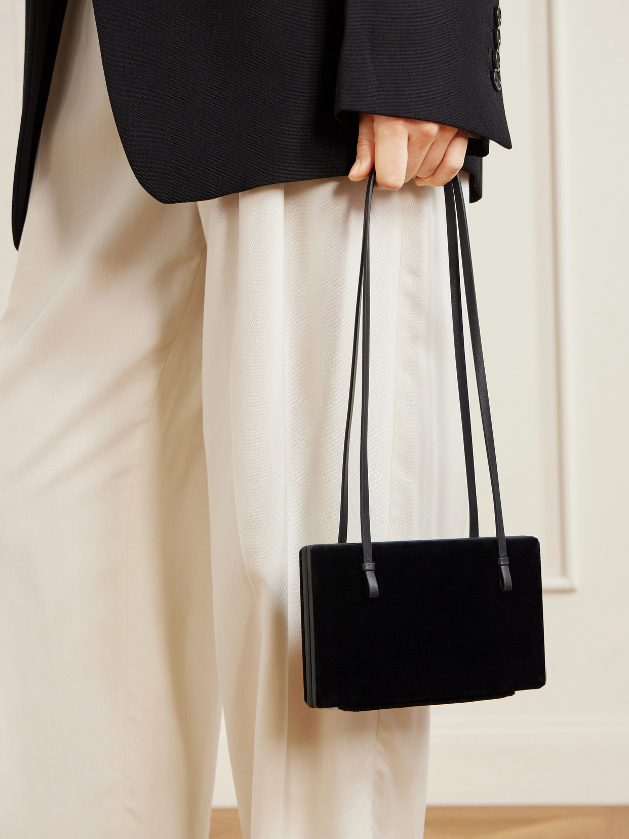 Leather-Trimmed Velvet Shoulder Bag