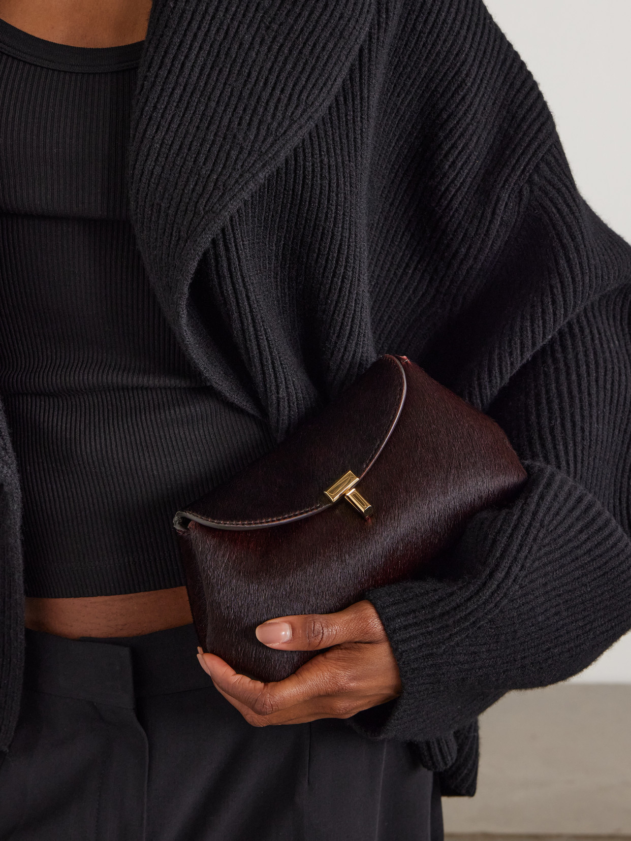 Totême T-lock Mini Calf Hair Clutch In Brown