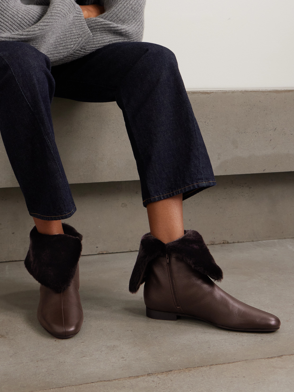 Totême Downtown Shearling-trimmed Leather Ankle Boots In Brown
