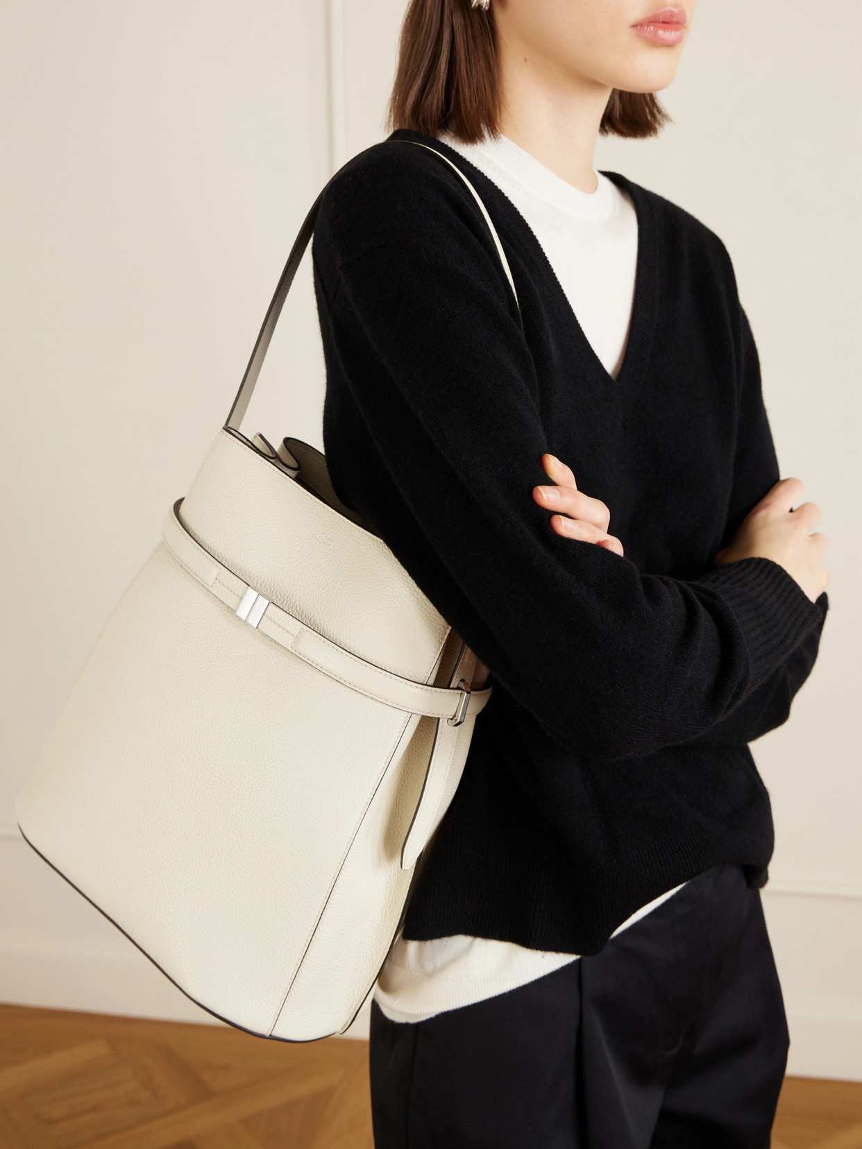 Belted Textured-Leather Tote