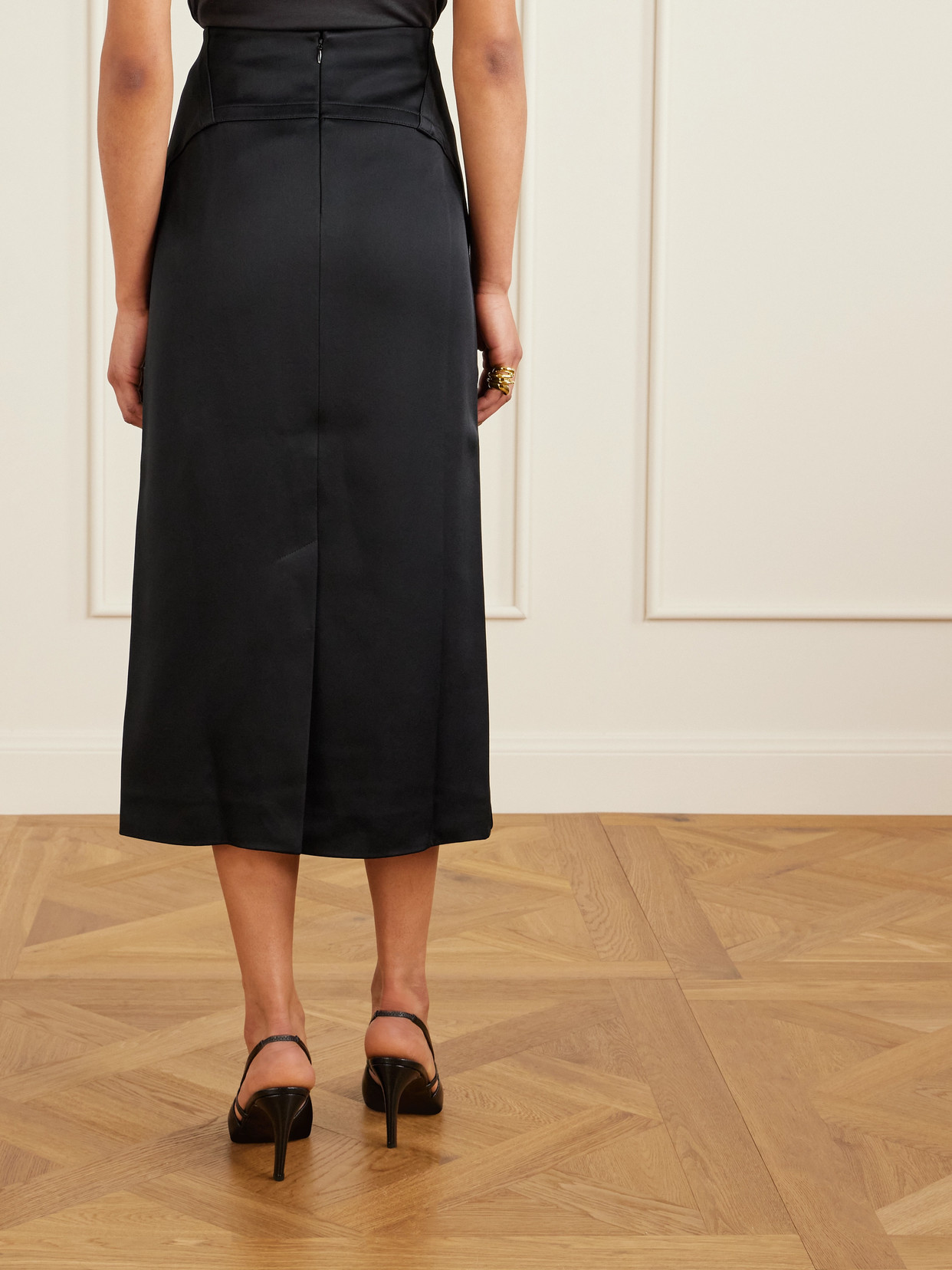 Another Tomorrow Architectural Satin-crepe Midi Skirt In Black