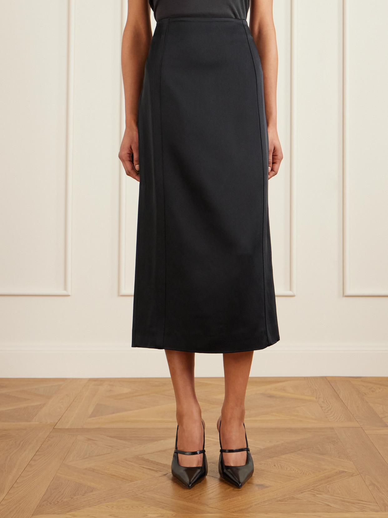 Another Tomorrow Architectural Satin-crepe Midi Skirt In Black