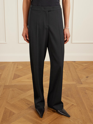 Another Tomorrow Pleated satin-trimmed wool-blend twill wide-leg pants
